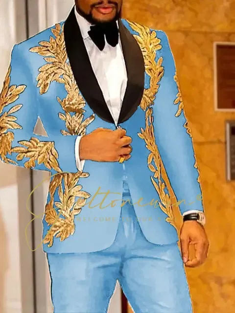 Color: SKY BLUE, Size: L - Luxury Groom Wedding Tuxedos Gold Sequins Appliques Black Men Suits Slim Fit Costume Homme Marriage Prom Suits