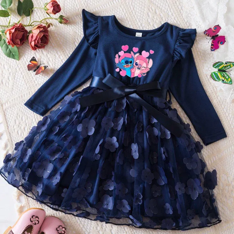 Color: Dark Purple, Size: One Size, Height: 164 - Lilo Stitch Girl Baby Dresses Spring Autumn Child Long Sleeve Sweet Princess Dress Mesh Newborn Casual Dress Birthday Party 2-6Y