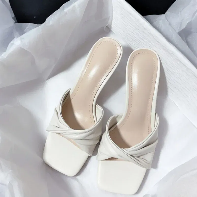 Color: black, Shoe Size: 40 - Fashion Summer Women Shoes New Handmade Square Open Toe High Heels Outdoor Fashion Slippers Apricot Off White