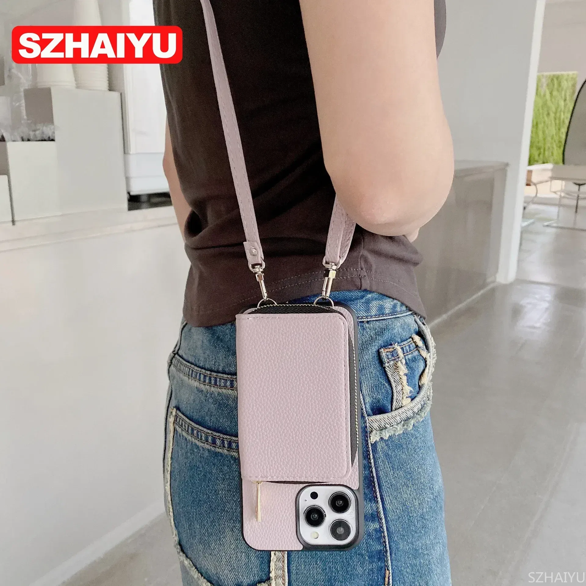 Material: Microfiber, Color: GRAY - Zipper Wallet Phone Case For iPhone 16 15 14 13 12 Mini 11 Pro XS Max X Plus Card Slot Holder Crossbody Lanyard Leather Cover