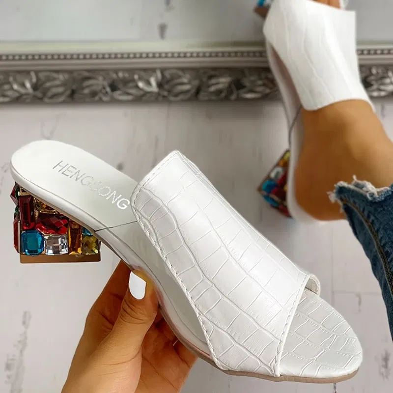 Color: WHITE, Shoe Size: 39 - Women Crystal Sandals 2024 New Spring Summer Open Toe Sandals Square Heels Beach Fashion Sandals Women Sandalias De Mujer