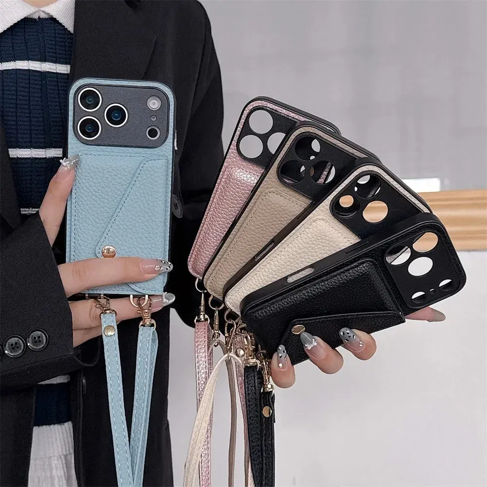 Material: PU, Color: SKY BLUE - Crossbody wallet card holder phone case For iPhone 17Air 16, 15, 14, 13, 12, 11 Pro Max, XR with lanyard protective cover