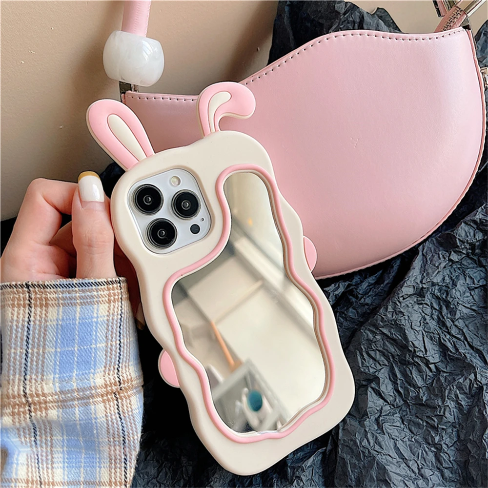 Color: Beige, Material: EVA - Cute Bunny Ears Mirror Phone Case For iPhone 15 14 Plus 13 12 11 Pro Max Shockproof Silicone Case