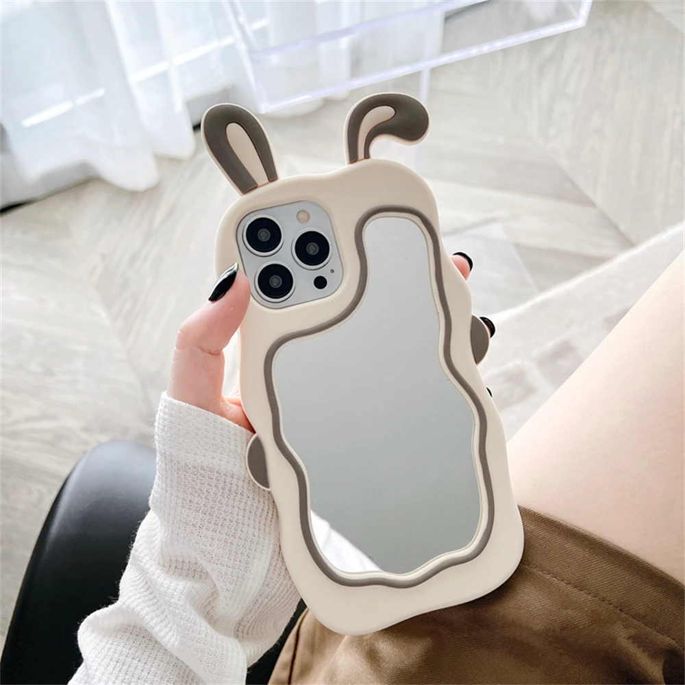 Color: Beige, Material: EVA - Cute Bunny Ears Mirror Phone Case For iPhone 15 14 Plus 13 12 11 Pro Max Shockproof Silicone Case
