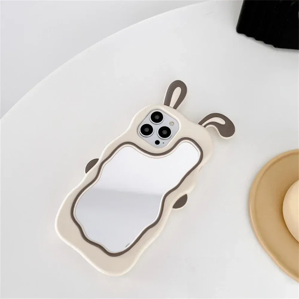 Color: Beige, Material: EVA - Cute Bunny Ears Mirror Phone Case For iPhone 15 14 Plus 13 12 11 Pro Max Shockproof Silicone Case
