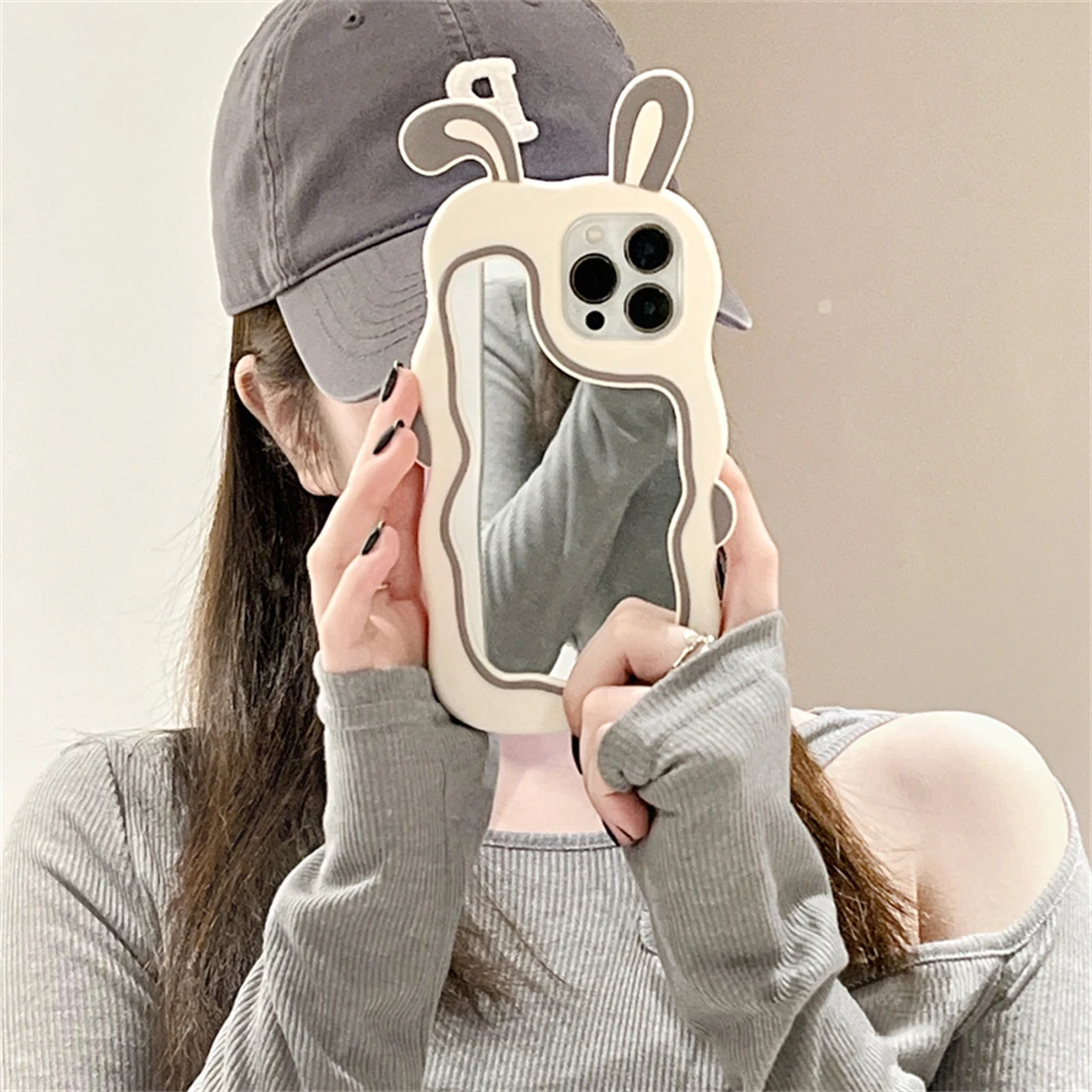 Color: Beige, Material: EVA - Cute Bunny Ears Mirror Phone Case For iPhone 15 14 Plus 13 12 11 Pro Max Shockproof Silicone Case