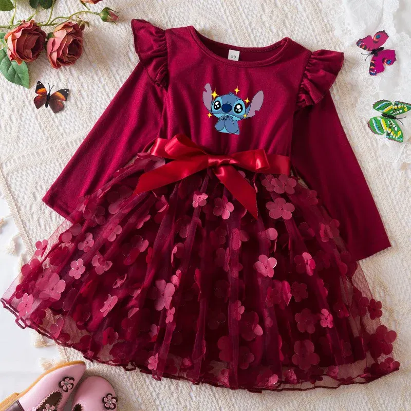 Color: DEEP BLUE, Size: One Size, Height: 170 - Lilo Stitch Girl Baby Dresses Spring Autumn Child Long Sleeve Sweet Princess Dress Mesh Newborn Casual Dress Birthday Party 2-6Y