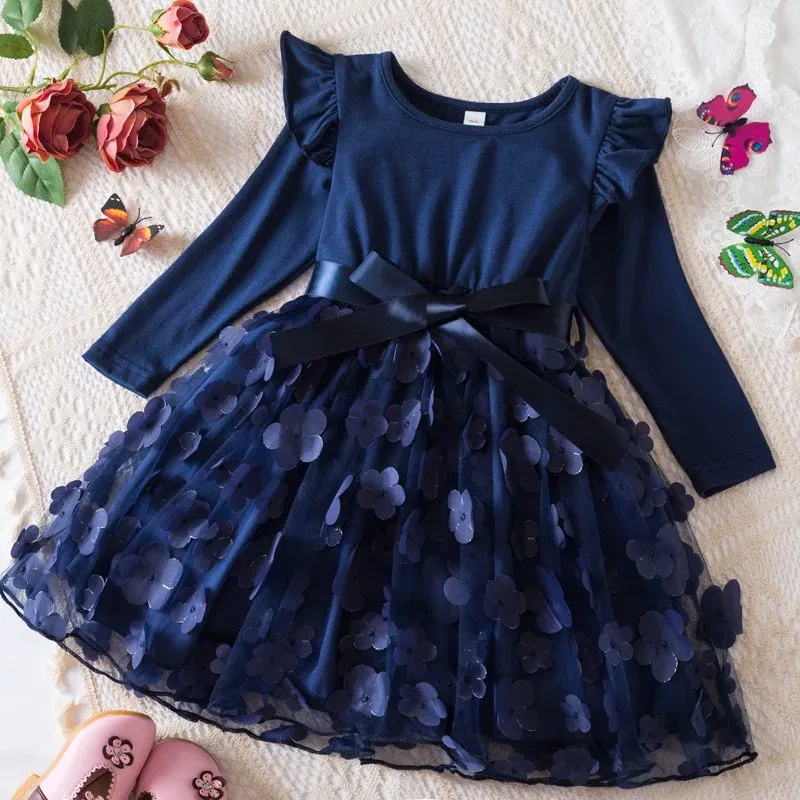 Color: DEEP BLUE, Size: One Size, Height: 170 - Lilo Stitch Girl Baby Dresses Spring Autumn Child Long Sleeve Sweet Princess Dress Mesh Newborn Casual Dress Birthday Party 2-6Y