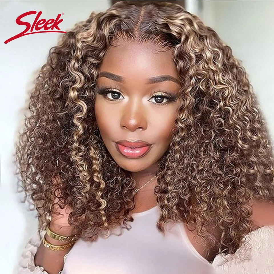 Hair Color: Natural Dark, Stretched Length: 12INCHES, Density: 230% - Sleek P4/27 Afro Kinky Curly Human Hair Bob Wigs Brazilian Highlight T1b/30 Remy Hair With Bang 250% Density Black Human Hair