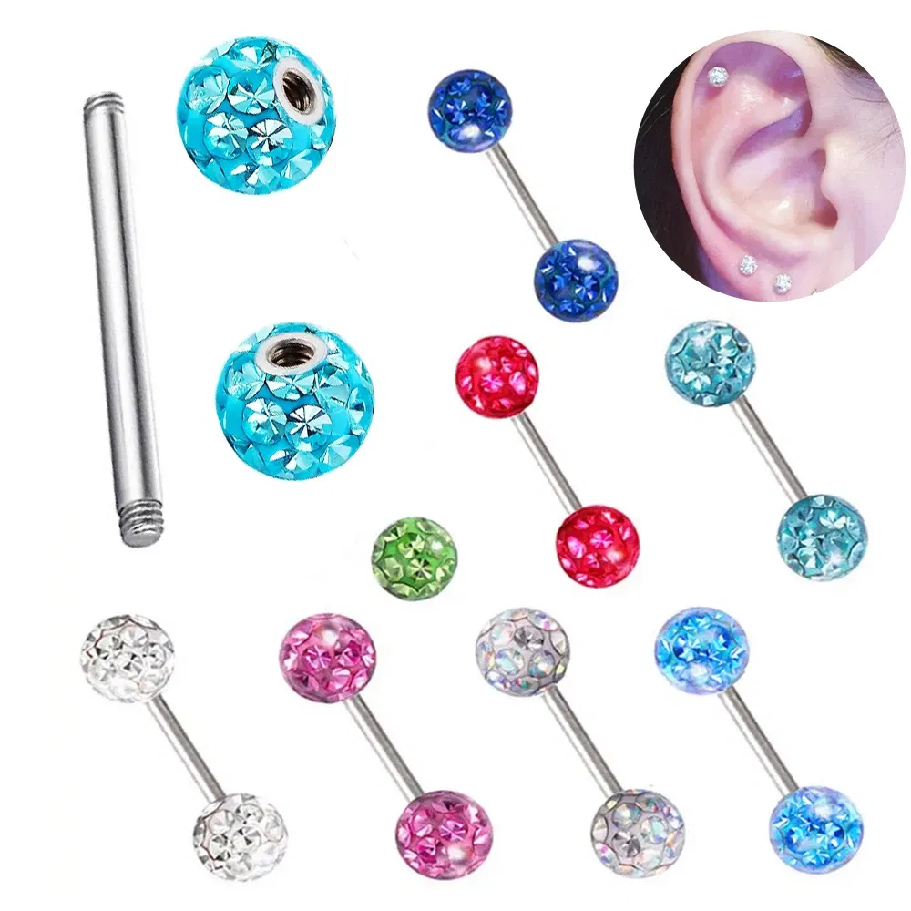 Metal color: Gold-color, Main Stone Color: black - 16g 1.2mm Coated Crystal Steel Ear Stud Tragus Helix Cartilage 3/4/5mm CZ Ball 6/8/10/12/14mm Bar Barbell Piercing