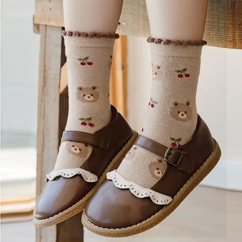 Color: SKY BLUE, Size: 7-9T - Autumn Winter Children's Socks Cute Coffee Bear Cartoon Cotton Socks Baby Girls 5 Pairs Mid Calf Socks