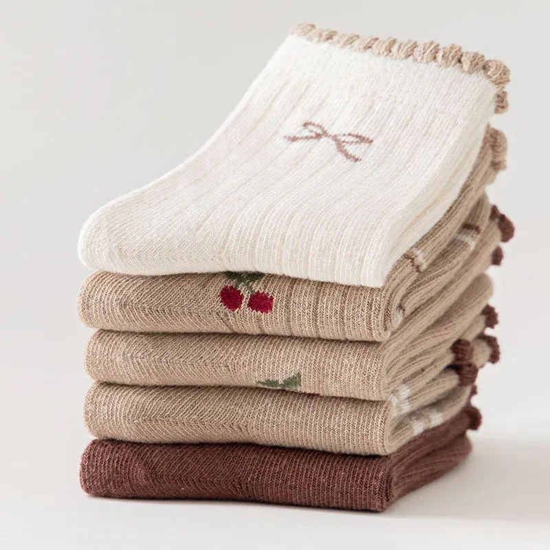 Color: SKY BLUE, Size: 7-9T - Autumn Winter Children's Socks Cute Coffee Bear Cartoon Cotton Socks Baby Girls 5 Pairs Mid Calf Socks