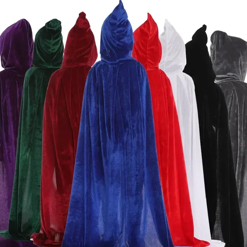 Color: RED, Size: S - Velvet Cloak Cape Hooded Medieval Costume Witch Wicca Vampire Man Woman Unisex Solid Color