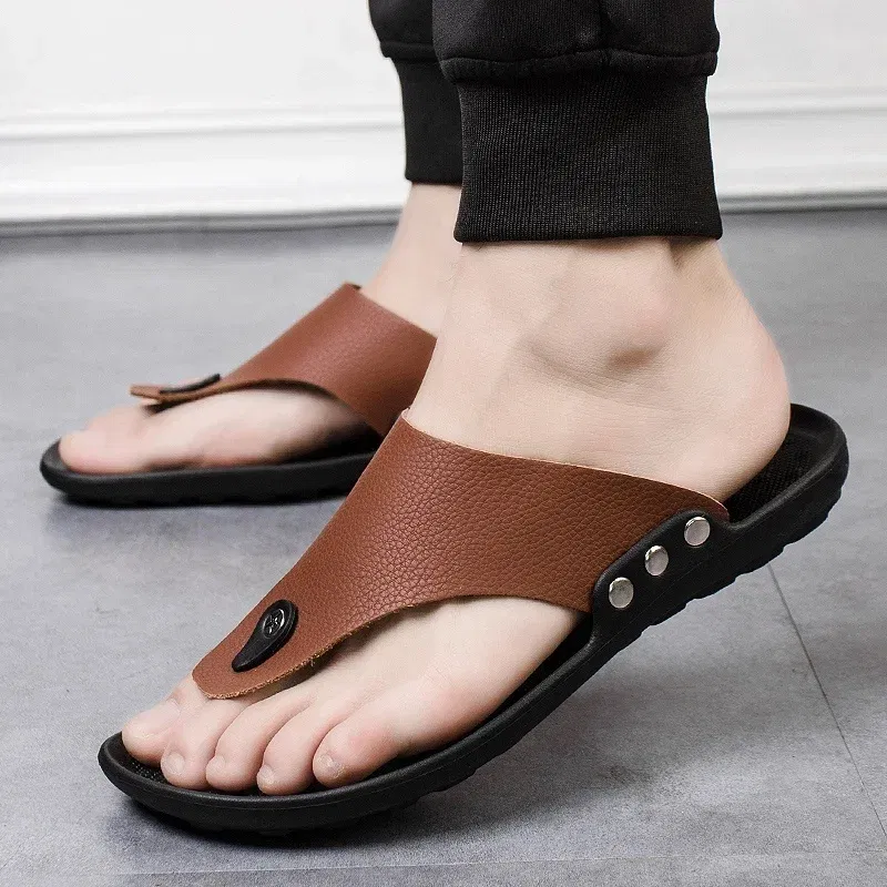 Color: Brown, Shoe Size: 43 - YRZL Summer Slippers Men Flip-Flops for Men Beach Slippers Brown Sandals Comfortable Shoes Non-Slip Bathroom Shoes Men Shoes