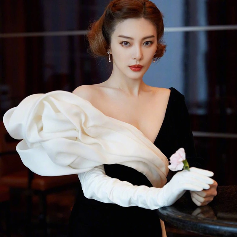 Color: WHITE, Gloves Size: 3 - 50cm New Genuine Leather White Women's High Grade Party Mittens Sheepskin Lady Winter Velvet long Gloves Creamy Ivory Snow White