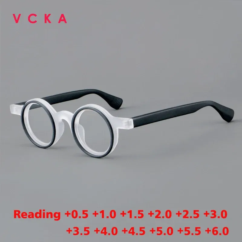 Frame Color: black, Eye Prescription: +550 - VCKA Round Acetate Photochromic Reading Glasses Frame Men Prescription Anti-blue Eyeglasses Women Custom Eyewear +0.50 to+6.0