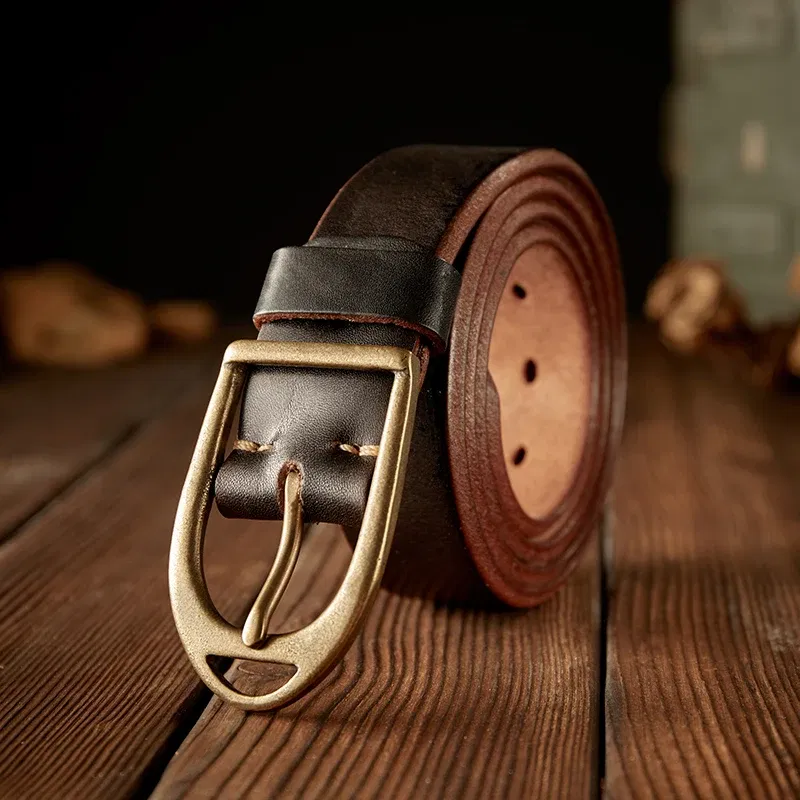 Color: WHITE, Belt Length: 130cm - Handmade Retro First Layer Cowhide Leather With Copper Pin Buckle For Men Vintage Genuine Leather Jeans Strap Fashion Pants Belt