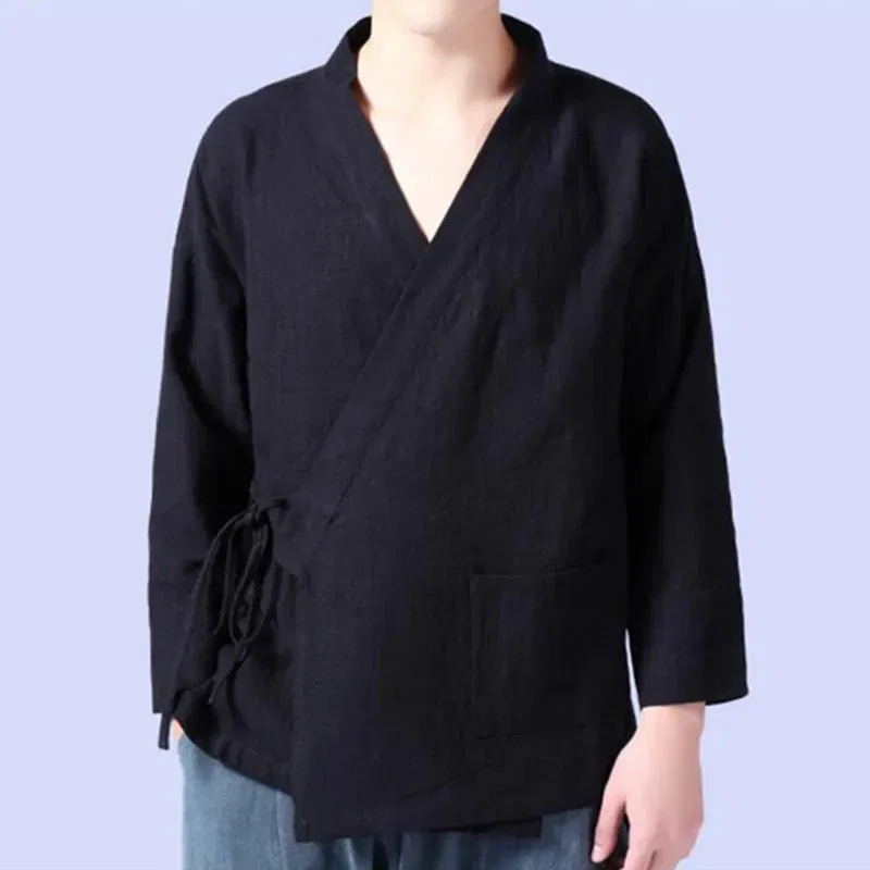Color: army green, Size: M - Plus Size M-6XL Pure Color Men's Tops 2024 New Cotton Linen Oblique Placket Long Sleeve Linen Hanfu chinese Clothing  Kimono