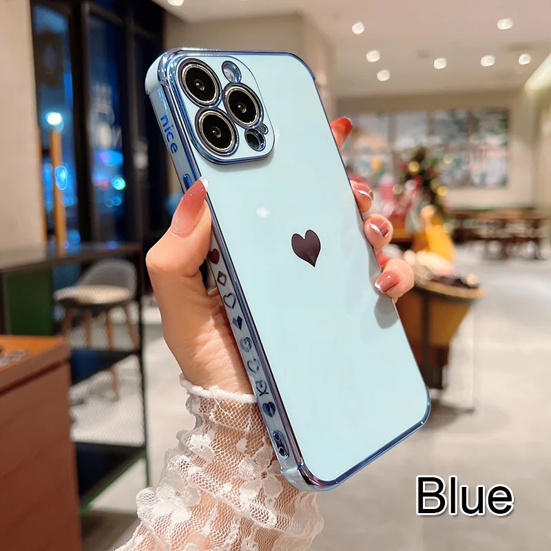 Color: Brown, Ships From: CN, Material: PP - Electroplating Side Love Heart Phone Case For IPhone 16 15 14 13 12 11 Pro Max XR 8 Plus SE2/SE3 Shockproof Back Cover