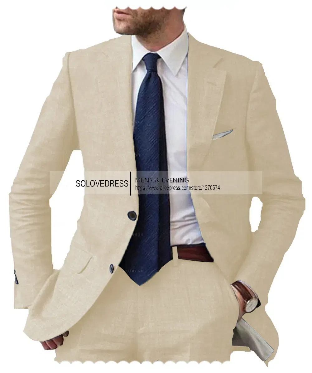 Color: black, Size: XXXL - Men's 2-Piece Linen Suit Casual Slim Fit Vintage Suits Groomsmen Tuxedos Wedding Summer Beach Blazer Pants Set