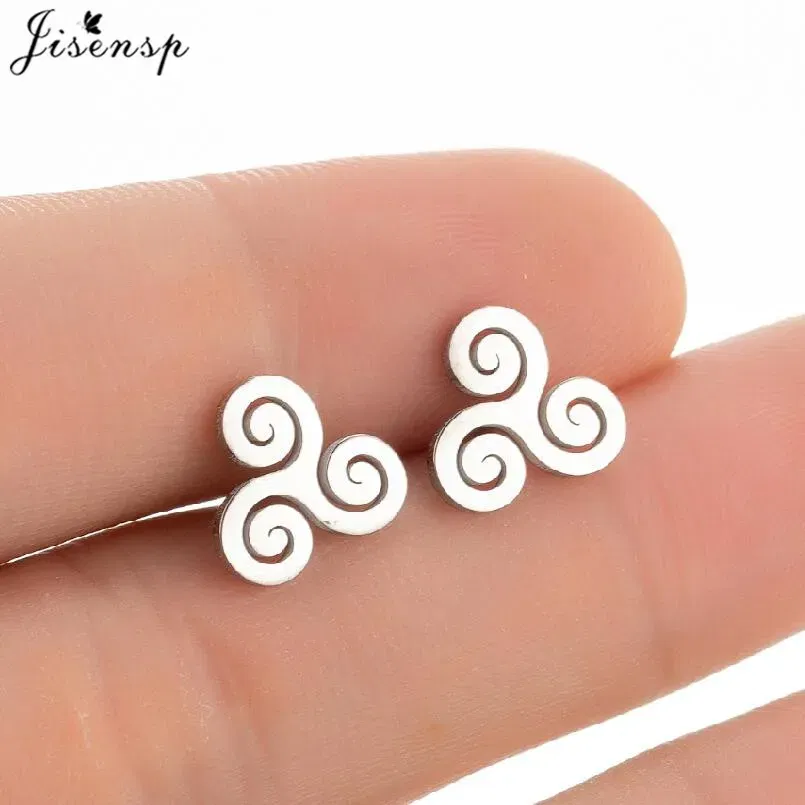 Metal Color: Green, Main Stone Color: Red - Cartoon The Movie Teen Wolf Triskele Triskelion Inspired Earrings Punk Stainless Steel Jewelry Triple Spiral Ear Studs Women Men