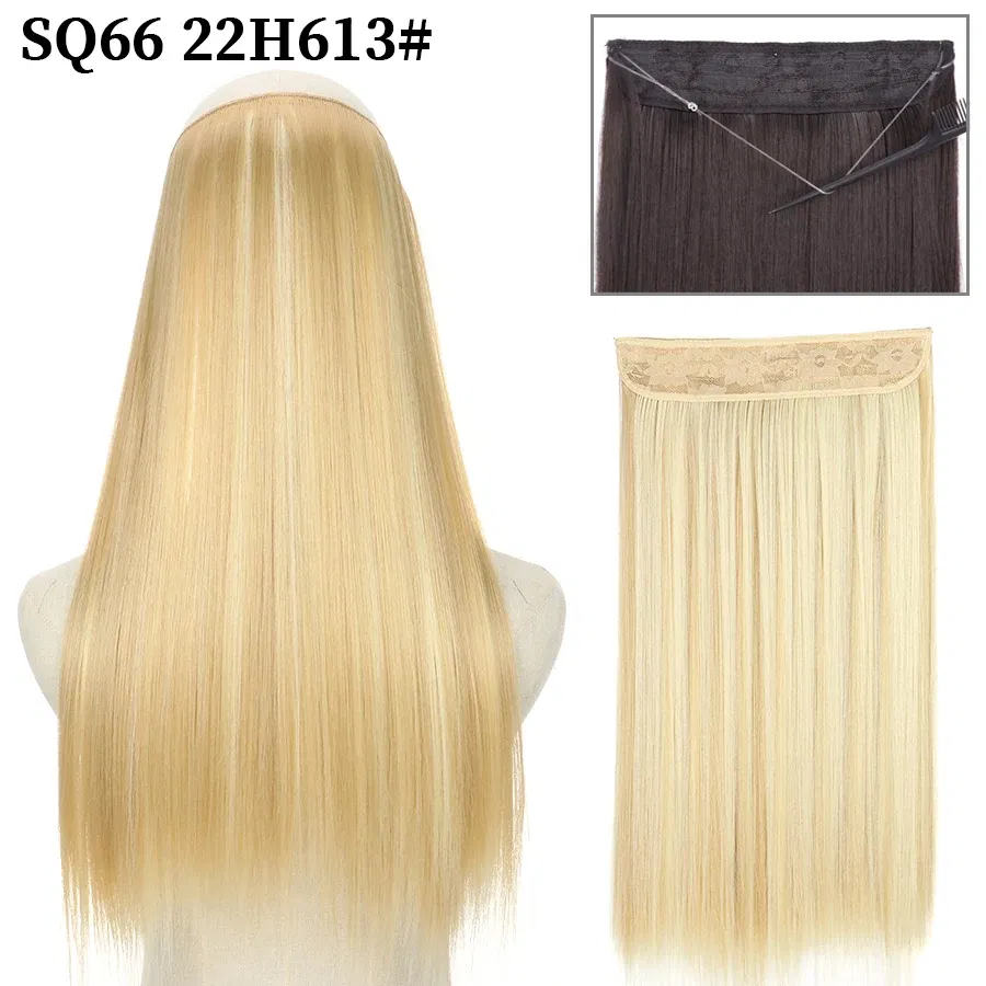 Color: #26, Stretched Length: 16inches, Ships From: CHINA - Synthetic Natural Wavy No Clip Fish Line Invisible Hair Extensions Mixed Color Blonde Black Artificial False Hair Piece ForWomen