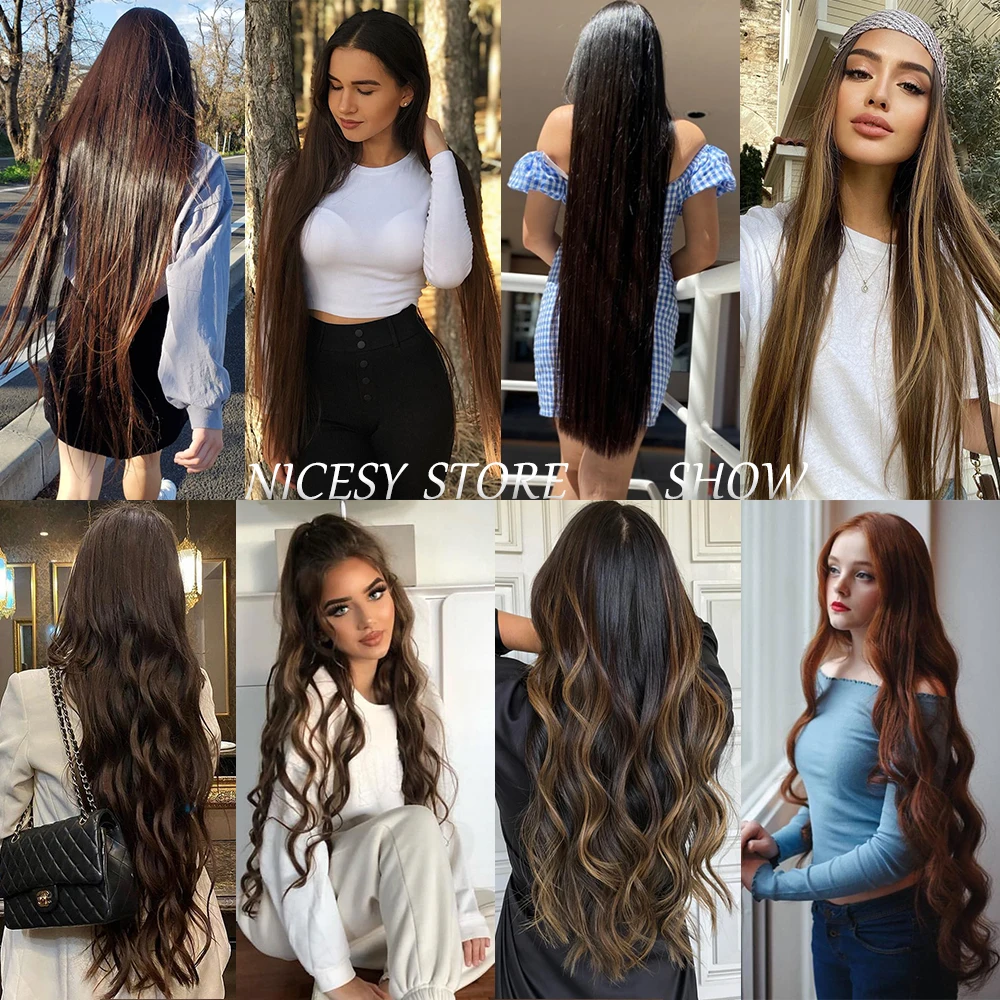 Color: #26, Stretched Length: 16inches, Ships From: CHINA - Synthetic Natural Wavy No Clip Fish Line Invisible Hair Extensions Mixed Color Blonde Black Artificial False Hair Piece ForWomen