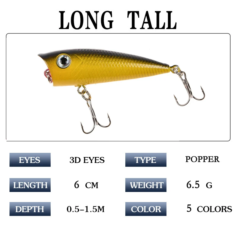Color: WHITE - 1pc Popper Fishing Lure 6cm/6.5g Hard Bait Artificial Topwater Bass Trout Pike Wobbler Fishing Tackle with 2 Treble Hooks