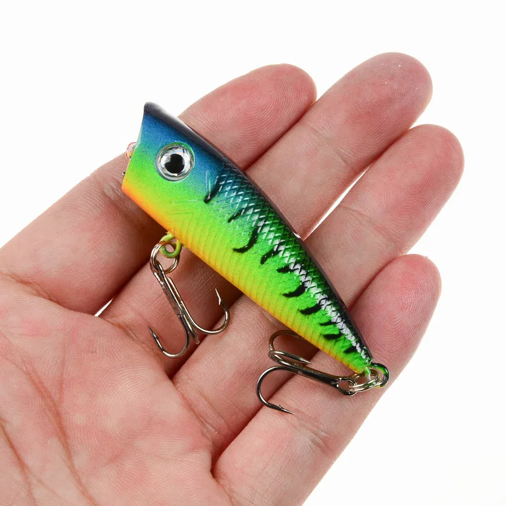 Color: WHITE - 1pc Popper Fishing Lure 6cm/6.5g Hard Bait Artificial Topwater Bass Trout Pike Wobbler Fishing Tackle with 2 Treble Hooks
