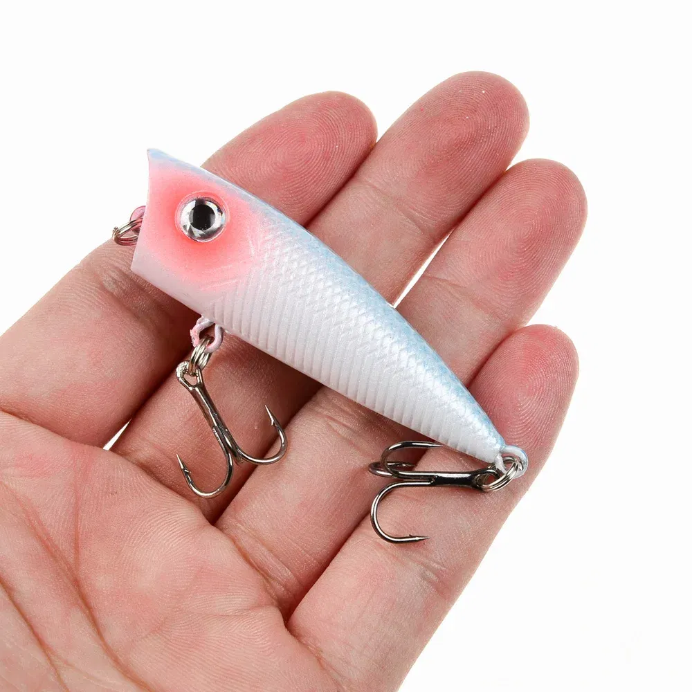 Color: WHITE - 1pc Popper Fishing Lure 6cm/6.5g Hard Bait Artificial Topwater Bass Trout Pike Wobbler Fishing Tackle with 2 Treble Hooks
