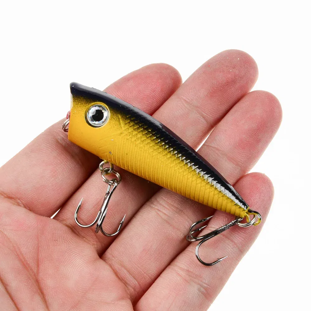 Color: WHITE - 1pc Popper Fishing Lure 6cm/6.5g Hard Bait Artificial Topwater Bass Trout Pike Wobbler Fishing Tackle with 2 Treble Hooks