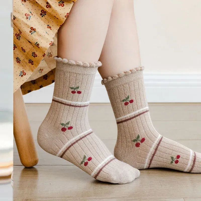 Color: Beige, Size: 2-3T - Autumn Winter Children's Socks Cute Coffee Bear Cartoon Cotton Socks Baby Girls 5 Pairs Mid Calf Socks