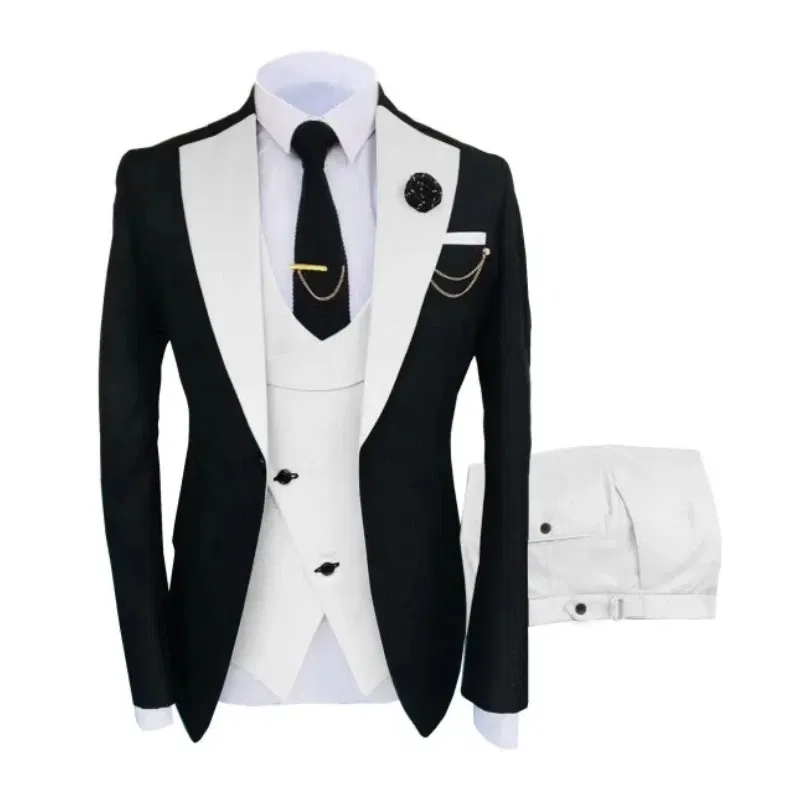 Color: Ivory, Size: S - Men Suits 3 Pieces Tailored Best Man Groom Wedding Tuxedo Slim Fit Jacquard Two-color Blazer Jacket Vest Pants Tuxedo Clothing