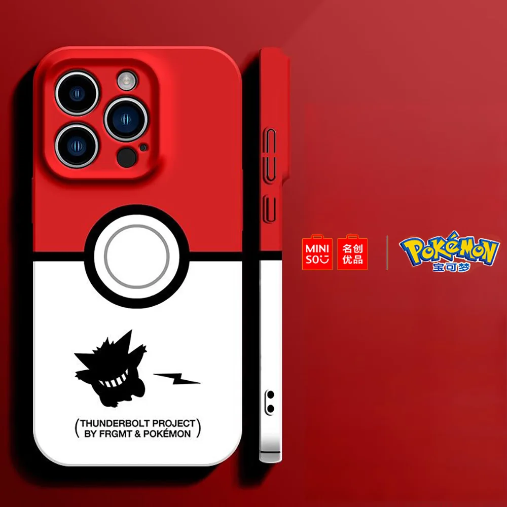 Color: GRAY, Material: PU - Miniso Pokemon Collaboration Pikachu Gengar Phone Case For iPhone 15 14 13 11 12 16 Pro Max Plus X XR Girl Silicone Phone Case