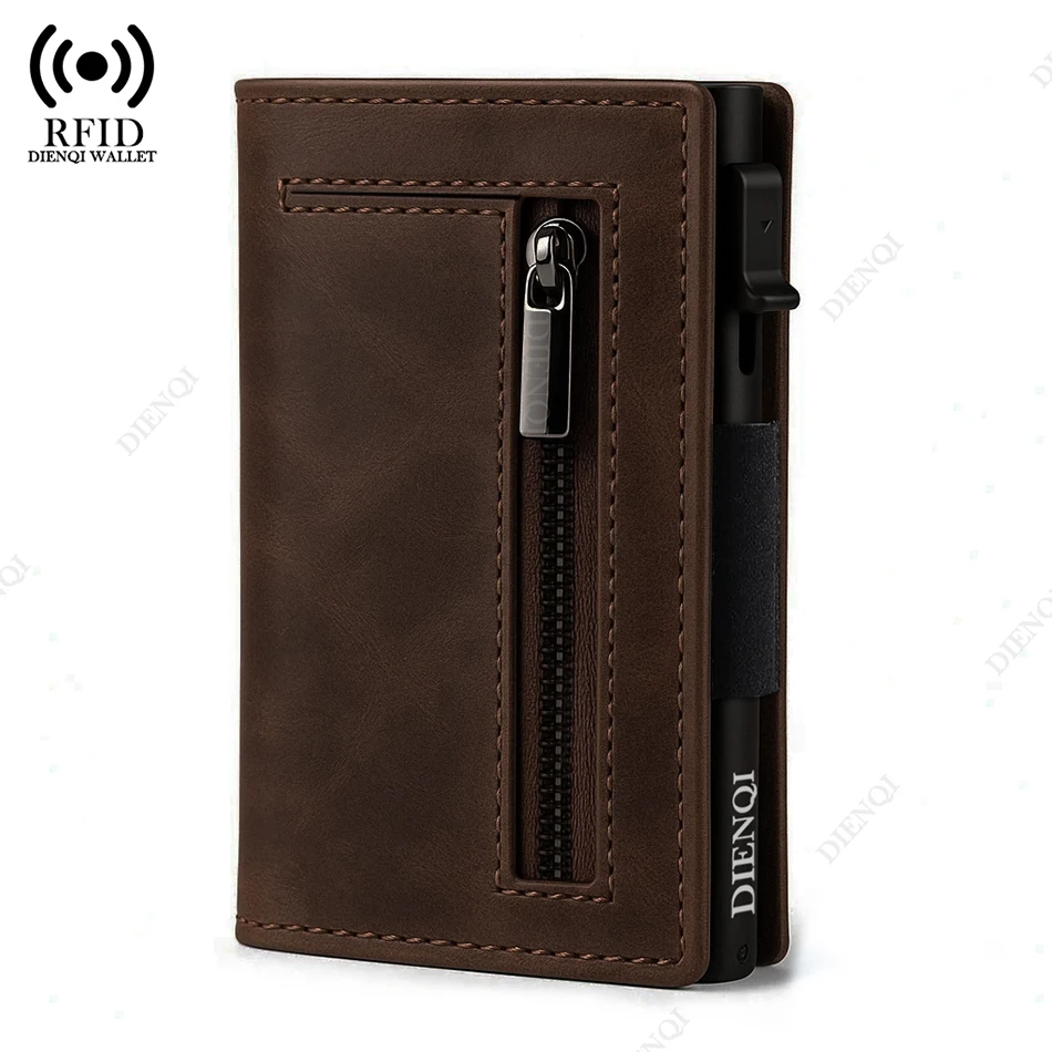 Color: Brown - Luxury RFID Blocking Card Holder Men Wallets Money Bag Metal Credit Cardholder Aluminium Slim Thin Smart Minimalistic Wallets