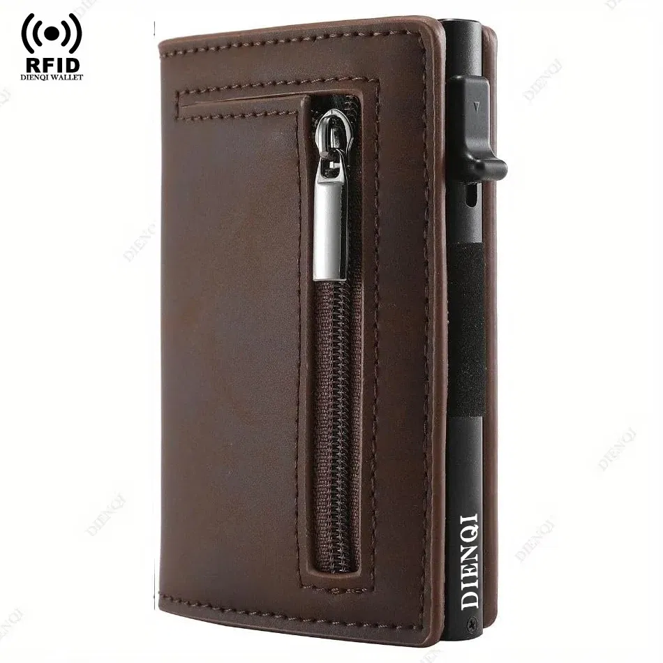 Color: Brown - Luxury RFID Blocking Card Holder Men Wallets Money Bag Metal Credit Cardholder Aluminium Slim Thin Smart Minimalistic Wallets