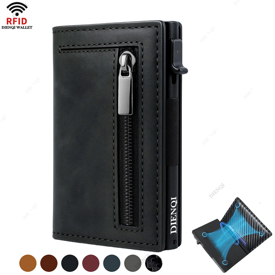 Color: Brown - Luxury RFID Blocking Card Holder Men Wallets Money Bag Metal Credit Cardholder Aluminium Slim Thin Smart Minimalistic Wallets