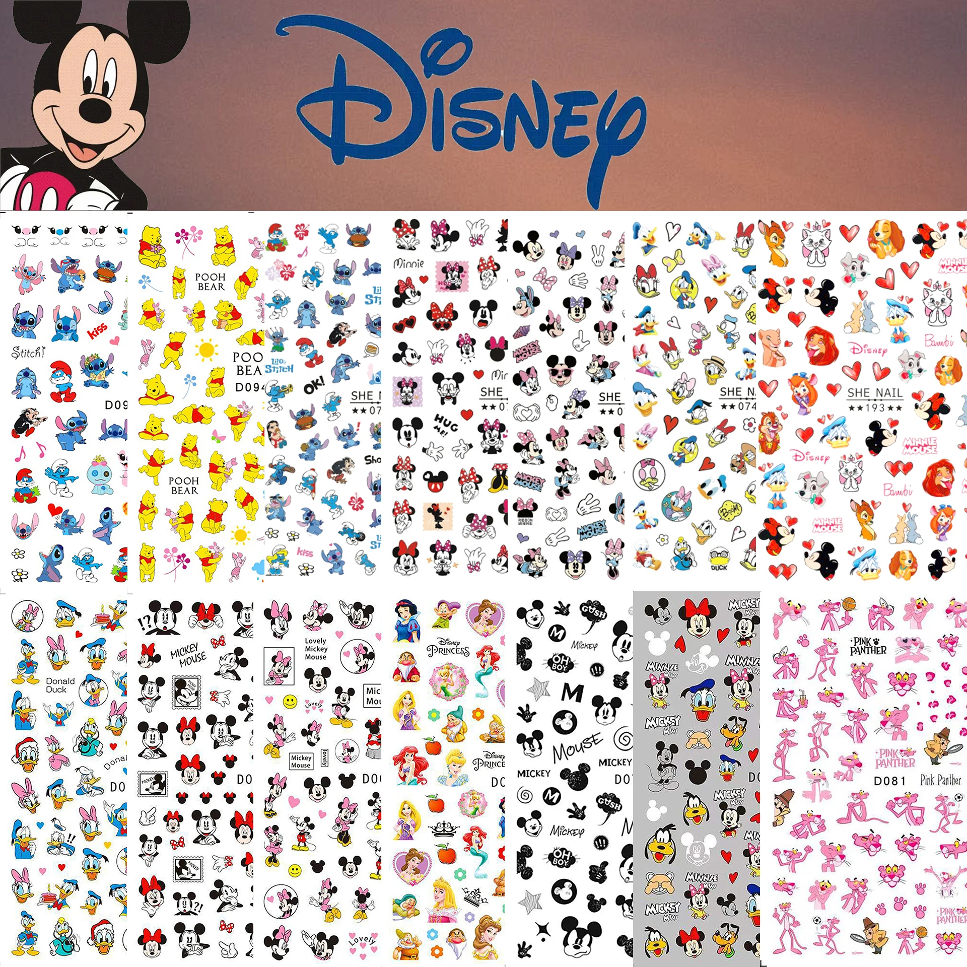 Color: Tiger Stripe - 1PCS Disney Cartoon Nail Stickers Wholesale Waterproof Paste Nail Art Sticker Princess Mickey Anime Series Nail Decoration