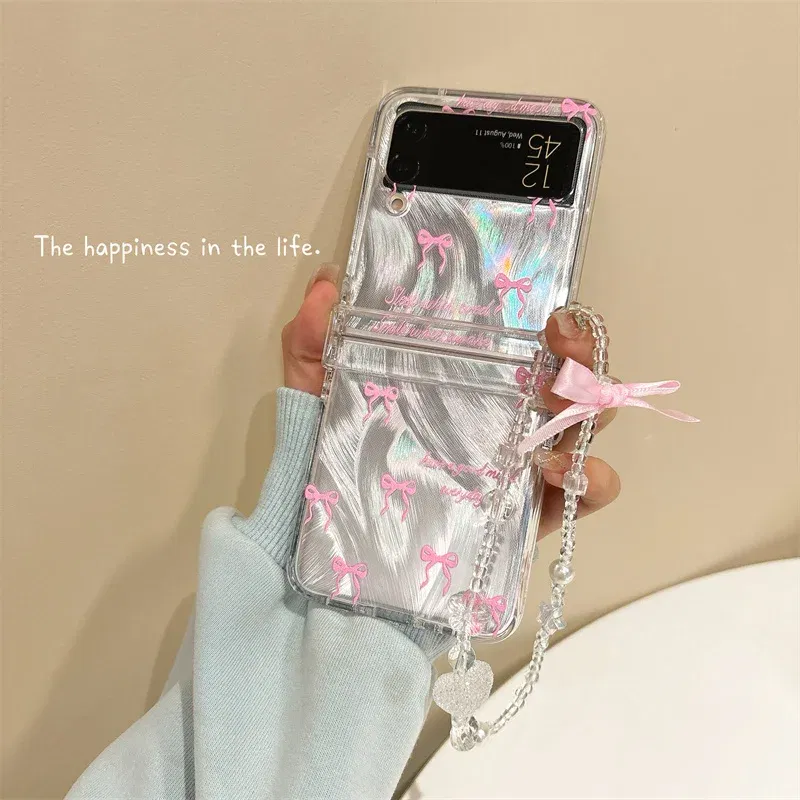 Color: SKY BLUE, Material: Neoprene - For Samsung Galaxy Z Flip 3 4 5 6 Case Cute Pink Black Bow Feather Cards Bracelet Cover For Samsung Z Flip3 Flip4 ZFlip5