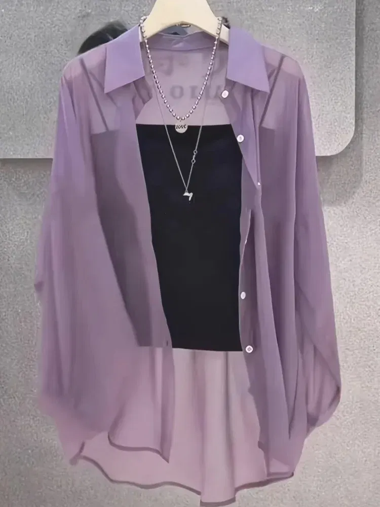 Size: 5XL, Color: Silver# - Plus Size Women?™s Shirts 2025 Summer Breathable and Sun-Proof Ice Silk with Button Thin Loose Sheer Chiffon Blouses Long Sleeve