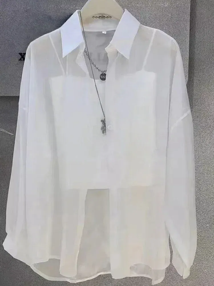 Size: 5XL, Color: Silver# - Plus Size Women?™s Shirts 2025 Summer Breathable and Sun-Proof Ice Silk with Button Thin Loose Sheer Chiffon Blouses Long Sleeve