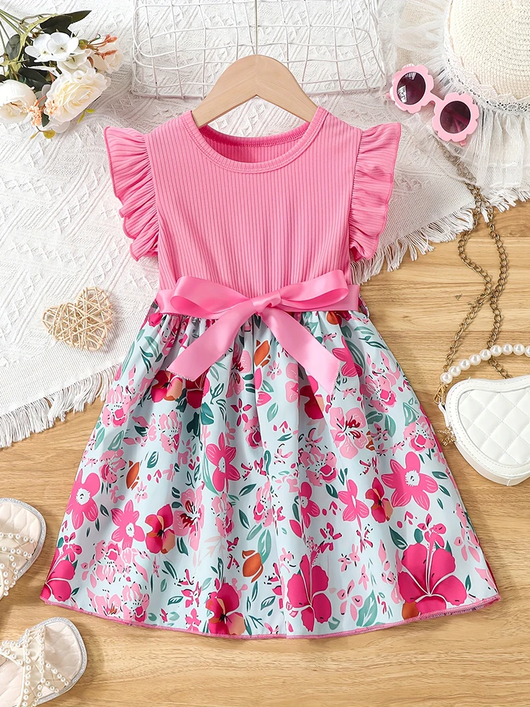 Color: Red, Kid Size: 4T - Sweet Girls Splicing Flower Print Flutter Trim Ribbed Belted Dress