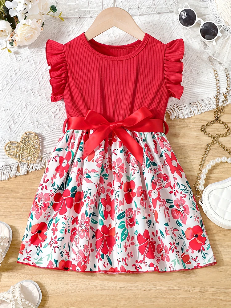 Color: Red, Kid Size: 4T - Sweet Girls Splicing Flower Print Flutter Trim Ribbed Belted Dress