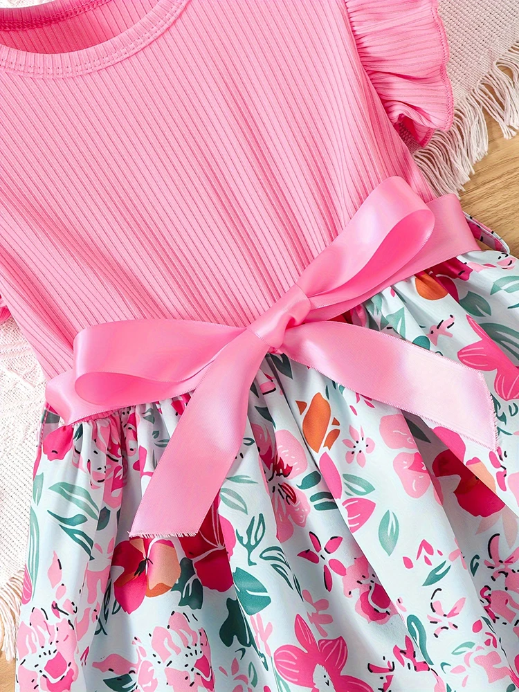 Color: Red, Kid Size: 4T - Sweet Girls Splicing Flower Print Flutter Trim Ribbed Belted Dress