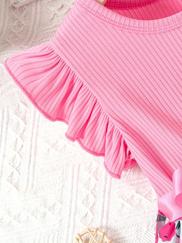 Color: Red, Kid Size: 4T - Sweet Girls Splicing Flower Print Flutter Trim Ribbed Belted Dress