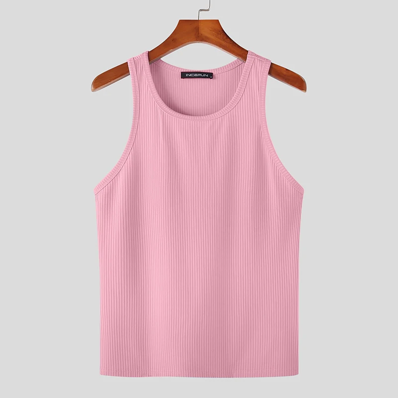Color: Pink, Size: S - INCERUN Men Tank Tops Solid Color O-neck Sleeveless Streetwear Summer Casual Vests Skinny 2023 Fashion Leisure Men Clothing 5XL