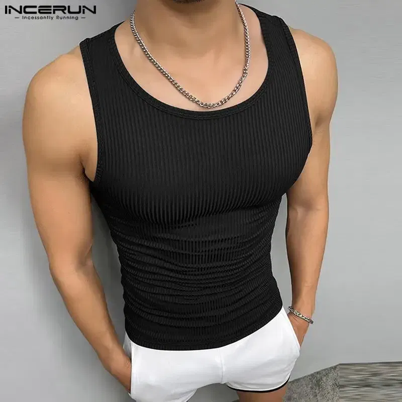 Color: Pink, Size: S - INCERUN Men Tank Tops Solid Color O-neck Sleeveless Streetwear Summer Casual Vests Skinny 2023 Fashion Leisure Men Clothing 5XL