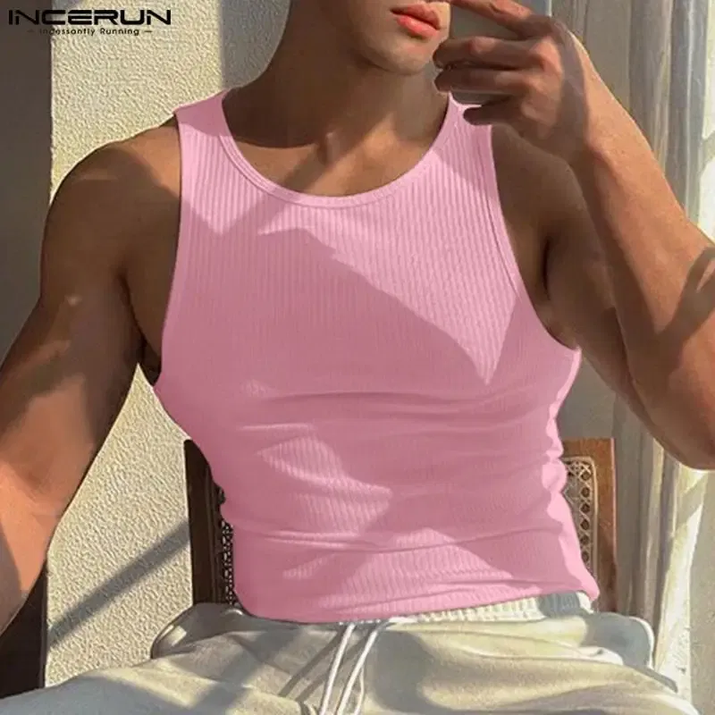 Color: Pink, Size: S - INCERUN Men Tank Tops Solid Color O-neck Sleeveless Streetwear Summer Casual Vests Skinny 2023 Fashion Leisure Men Clothing 5XL