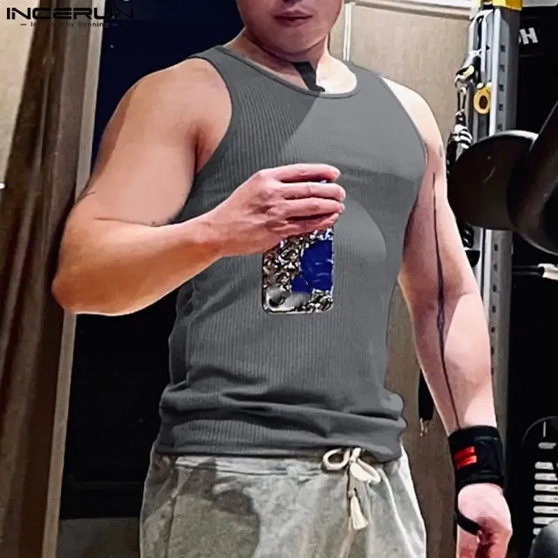 Color: Pink, Size: S - INCERUN Men Tank Tops Solid Color O-neck Sleeveless Streetwear Summer Casual Vests Skinny 2023 Fashion Leisure Men Clothing 5XL