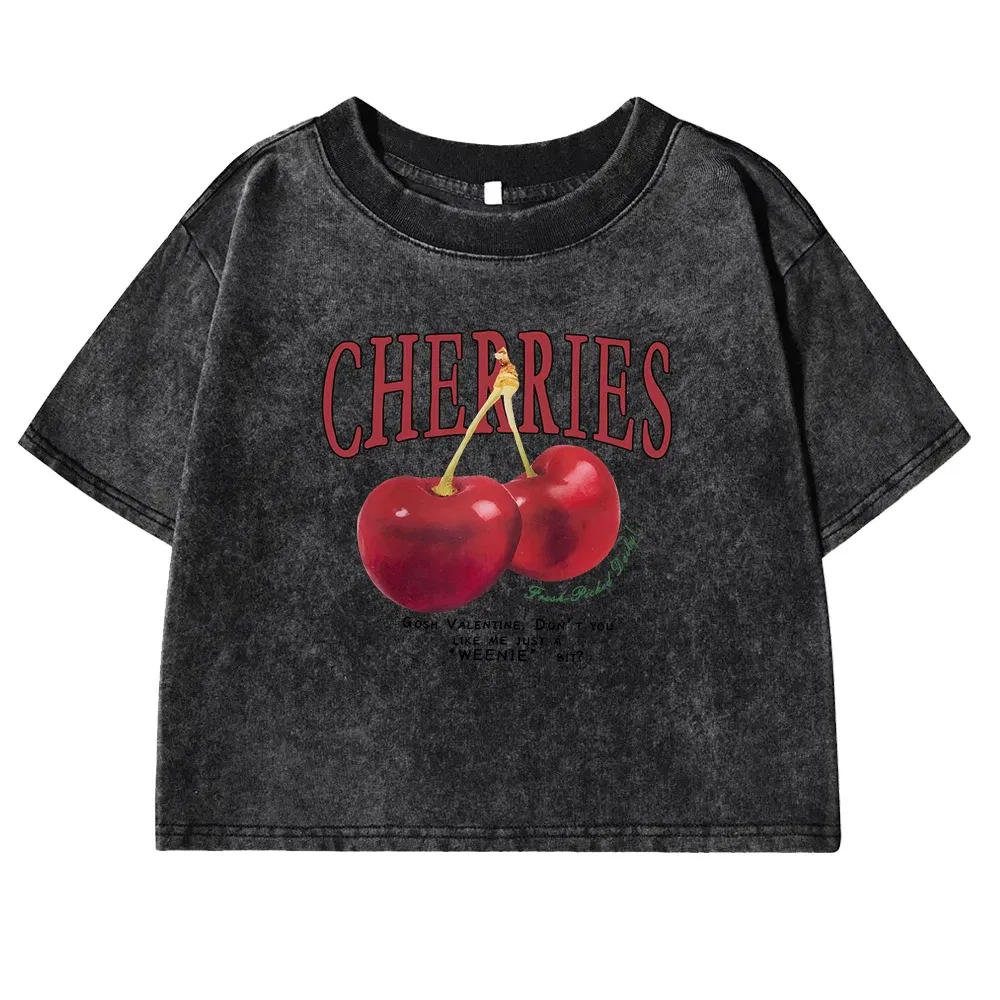 Color: army green, Size: XL - Red Cherries Letter Printed Female T-shirt Fashion Summer Washed Clothing Casual Cotton Crop Top Retro Tee Shirts For Women